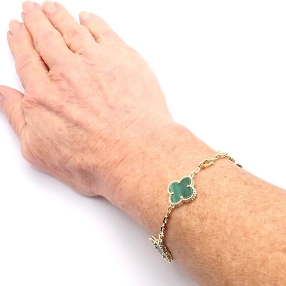 Authentic! Van Cleef & Arpels 18k Gold 5 Motif Malachite Alhambra Bracelet Cert. - Picture 12 of 15